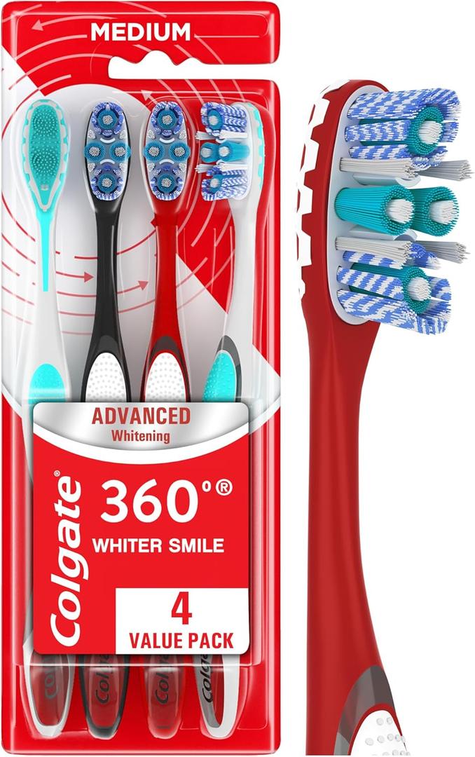 Colgate 360 Advanced Whitening Medium Toothbrush Pack, 4 Adult Medium Toothbrushes with Cheek and Tongue Cleaner, Helps Clean Your Teeth, Tongue, Cheeks, and Gums, 4 Pack