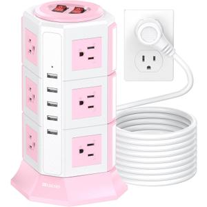 Pink Tower Power Strip with Surge Protection | HITRENDS 12 AC Outlets + 5 USB Ports | 16AWG/ 15 Ft Extension Cord with Multiple Outlets | Space-Saving Design for Office & Home(1625W, 1050J)