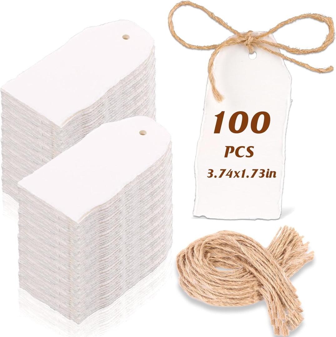 100 Pcs Handmade Deckled Edge Gift Tags with String Attached White 3.75X1.75Inch Hanging Tags for Labeling Thick 300 GSM Cotton Paper Name Cards for Handbags Crafts Clothing Price DIY Birthday