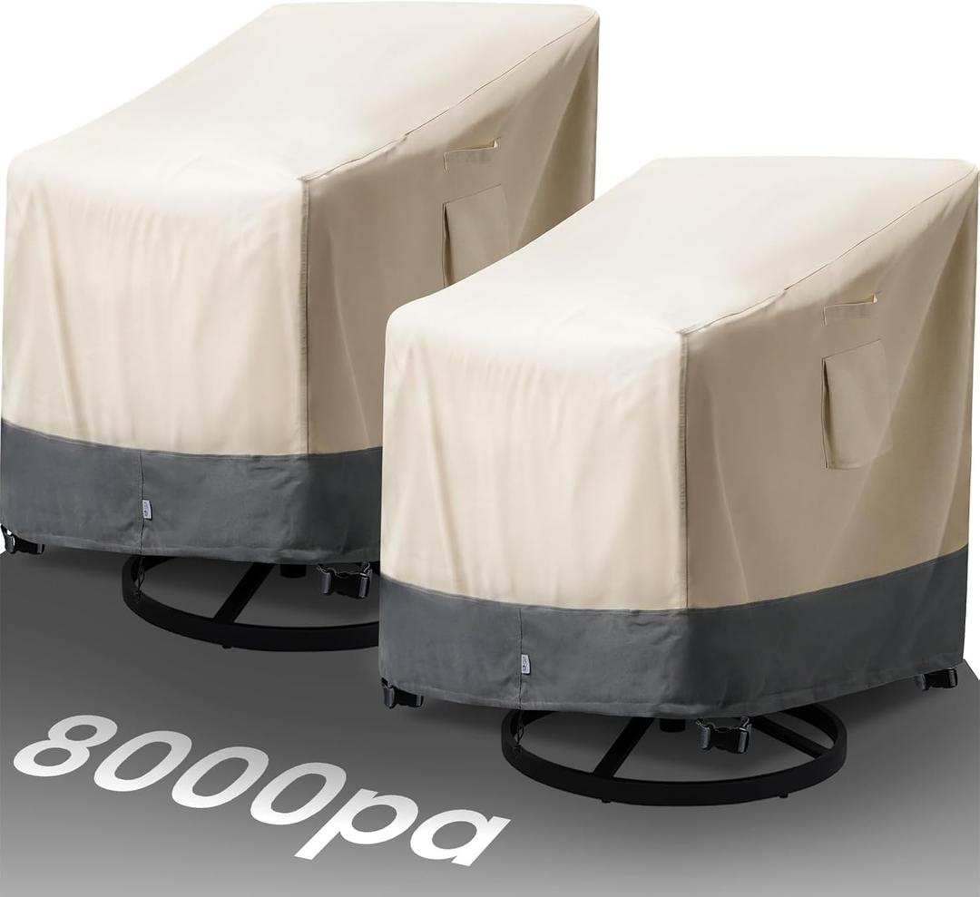 2 Pack Extra Heavy Duty Waterproof Patio Chair Covers for Outdoor / Swivel/ Rocking Chair - Medium Adirondack Chair Covers with Air Vent, 30"W x 34"D x 38.5"H (Beige with Grey)