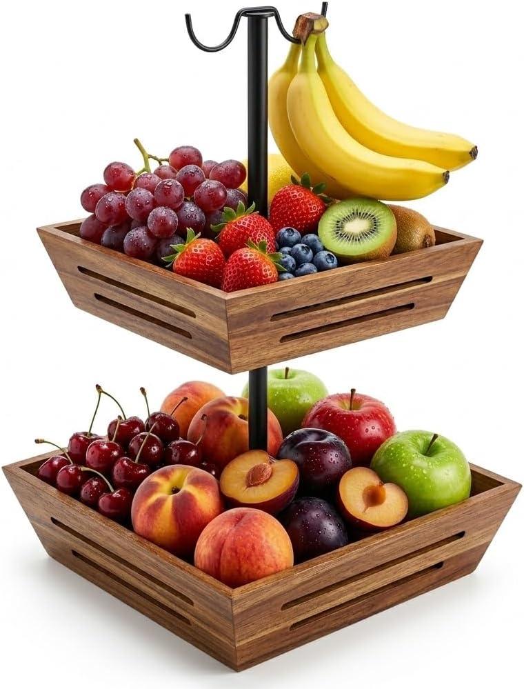 G.a HOMEFAVOR Acacia Wood Fruit Basket: 2-Tier Vegetable Storage with Banana Holder, Kitchen Countertop Organizer for Bread Snack, Large Size