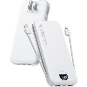 Portable Phone Charger, 10000mAh PD20W Fast Charging Power Bank with Built-in Cables & Wall Plug, External Battery Bank with LED Display, Travel Essential Battery Pack for iPhone, iPad, Samsung White