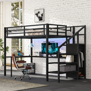 Full Size Loft Bed L-shaped Desk USB Metal Loft Bed Wardrobe Adjustable Shelf