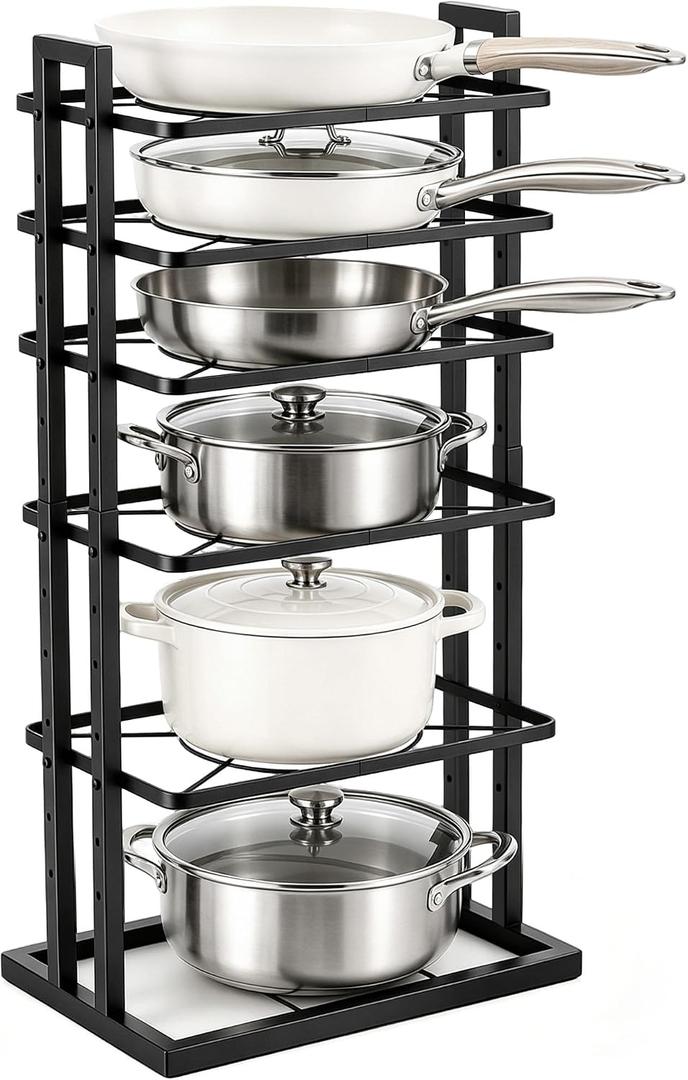 HULISEN Pots and Pans Organizer Under Cabinet, Adjustable 6-Tier Pot Rack | Expandable Height 14.8 "to 26.2", Kitchen Vertical Pan Lid Tray Storage Holder, Stores 12" Cookware, Space-Saving Design