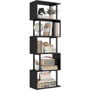 Gadroad 5-Tier Bookshelf, Tall S-Shaped Geometric Bookcase, Wood and Metal Decorative Storage Shelving, Modern Freestanding Display Shelves, Book Shelf Unit for Living Room Bedroom Home Office, Black