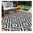 Outdoor Patio Plastic Straw Rug - 9x18 ft Outdoor Camping Rug Waterproof Reversible, Area Carpet Patios Clearance RV, Outside Porch Balcony Deck for Camper, Black & White