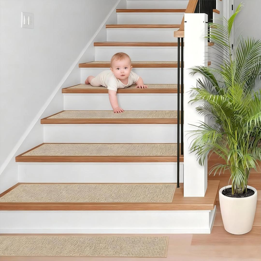 Stair-Treads Non Slip, Stair Runner for Wooden Steps, Residue Free Stair Treads Stair Carpet Mat for Kids and Dogs Indoor 8"x30" (Beige, 7PCS)
