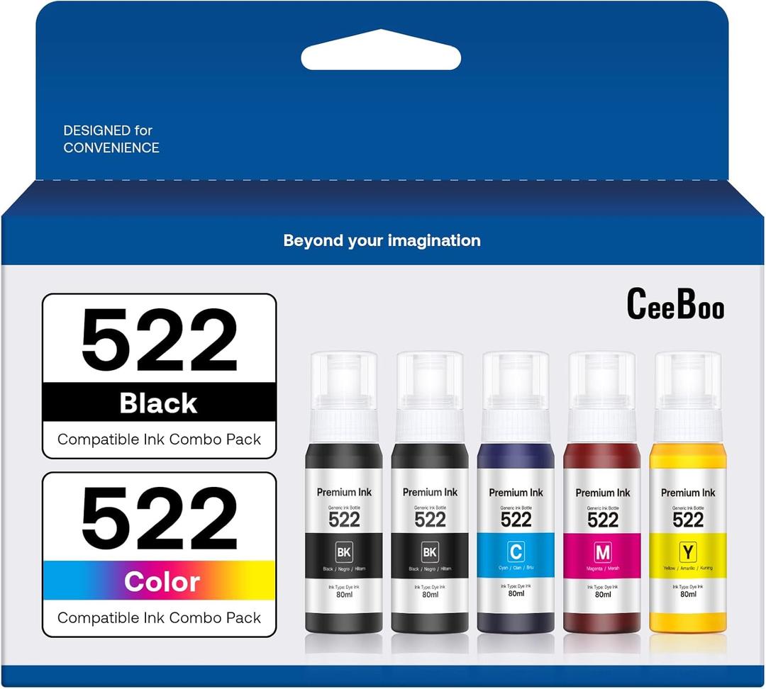 CEEBOO 522 High Capacity (5 Bottles) Refill Ink Bottle Replacement for Epson Compatible 522 Ink Refill Bottles (Not Sublimation Ink) Use for EcoTank ET-2803 ET-2800 ET-2720 ET-4800 Printer