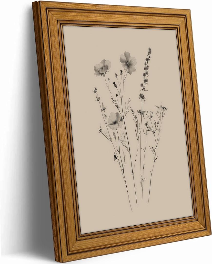 Vintage Gold Framed Canvas Wall Art, Minimalist Floral Poster Artwork, Wildflower Print Picture, Flower Plant Painting Wall Decor, for Living Room, Bedroom, Farmhouse, Home Decoration, 9x11in