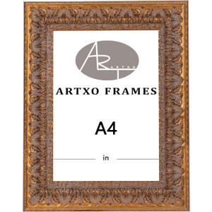 ArtXO A4 Picture Frame Wooden, Display Pictures 6"x8" with Mat or A4 Without Mat,Gold Ornate Frame Poster Frames,Hanging Photo Frame Wall