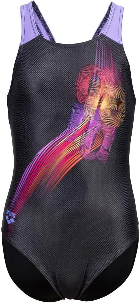 ARENA Feel Girls' Parrot V Back Swimsuit Waterfeel Fabric Comfortable Sporty Stretchy One Piece Suit Pool or Beach (26, Black/Dark Lavanda)