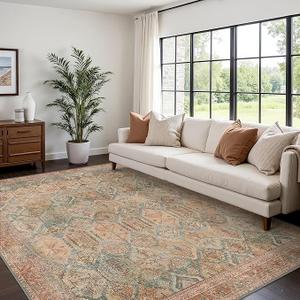 Bavni Washable Rug 8x10 Area Rug for Living Room Bedroom Dining, Washable Vintage Print Carpet, Ultra-Thin Chenille Low Pile Lightweight Rug with Non Slip Backing, Clay