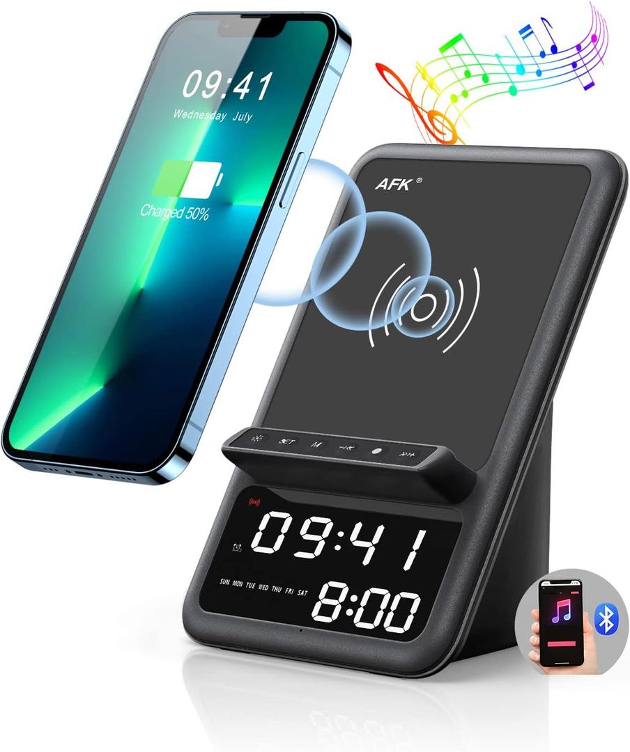 AFK Wireless Charging Station with Bluetooth Speaker and Alarm Clock, Wireless Charger Compatible with iPhone, Android Phones (Black)