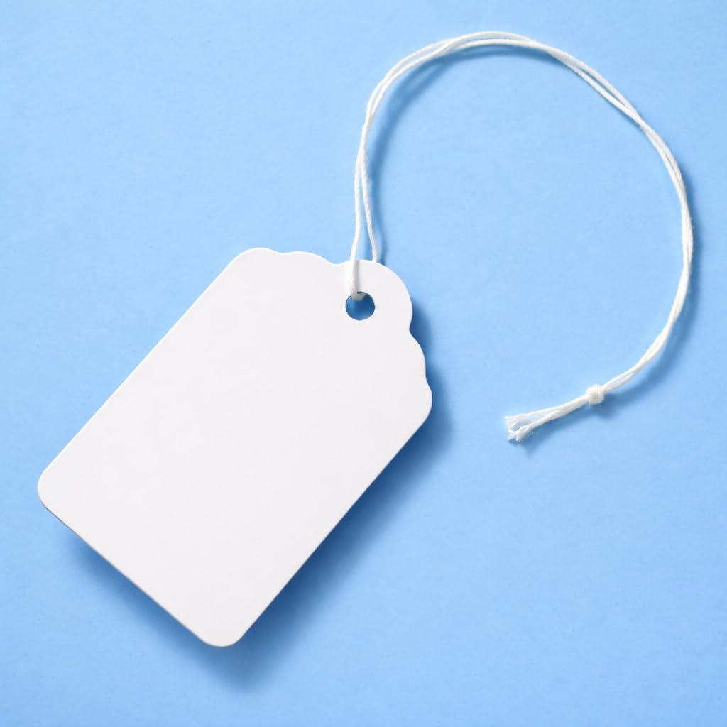 500 Merchandise Tags with String Attached - 2 1/4 x1 7/16 - White Marking Hanging Paper Tags with Strings, Labels to Tie On