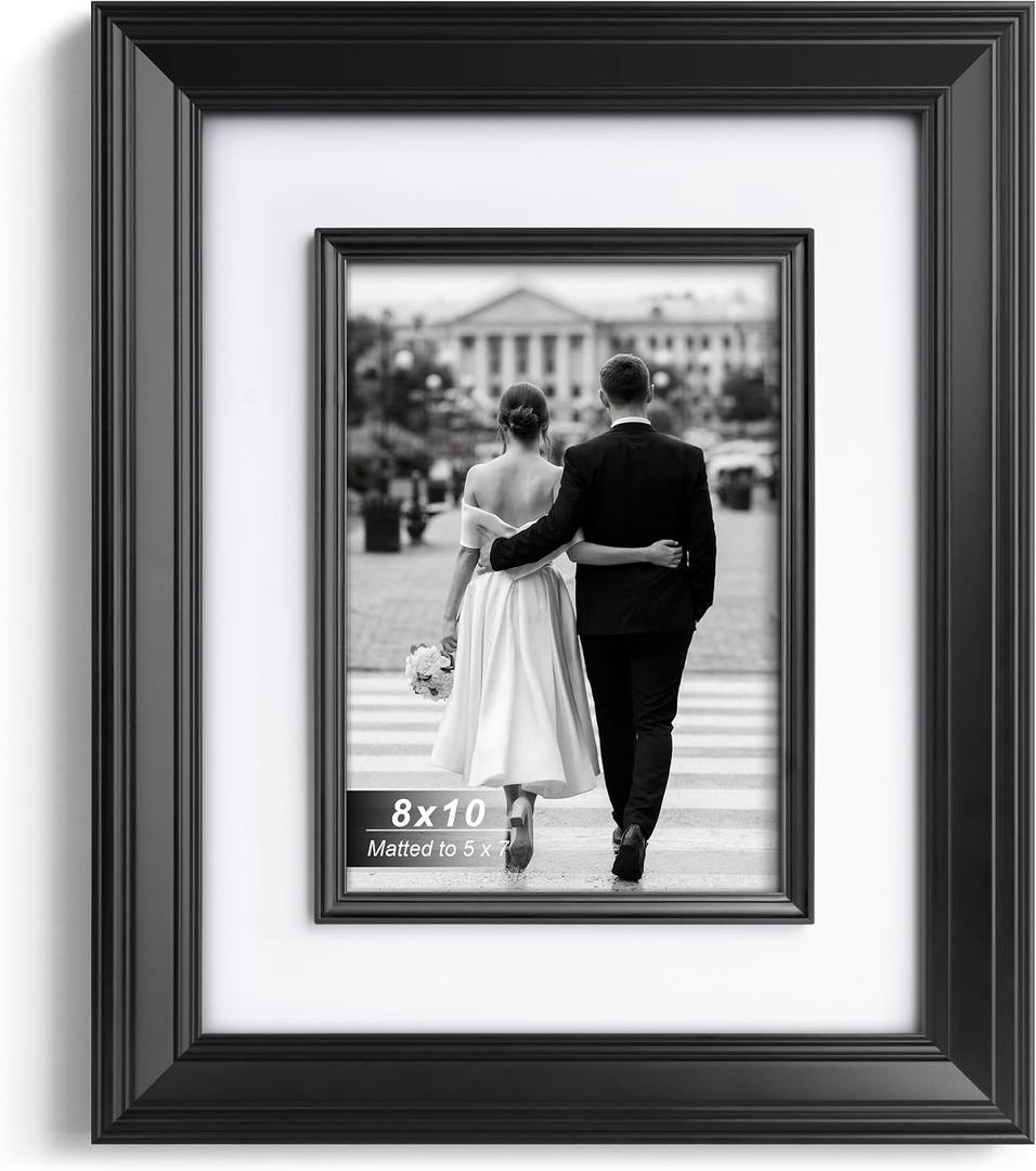 Yaetm 8x10 Black Picture Frame with Decorative Inner Frame & Tempered Glass, Display 5x7 Photos with Mat - Portrait or Landscape - Tabletop & Wall Mount for Office & Home Dcor (Black, Single)