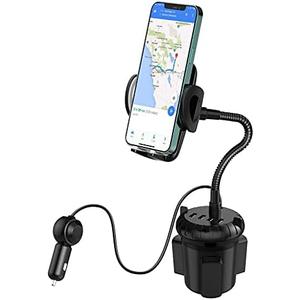 4-Port USB Car Charger with Cup Holder Phone Mount, Rapid Multi Port Charger, Adjustable Gooseneck Rotatable Holder for Smartphones