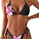 ZAFUL Triangle Bikini for Women 2 Piece Halter Bikini Sets Sexy High Cut Bathing Suit Side Tie Wave Textured Swimsuits (Medium, 1-black Flower)