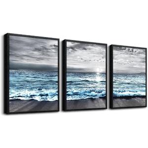 Black Framed Canvas Wall Art For Living Room Wall Decorations For Bedroom Wall Decor Black And White Wall Painting Blue Ocean Sea Wave Pictures Artwork For Modern Beach Posters Home Decor 3 Piece (16x24inches*3pcs(Black Framed), Blue Ocean Landscape Paintings Black Framed)