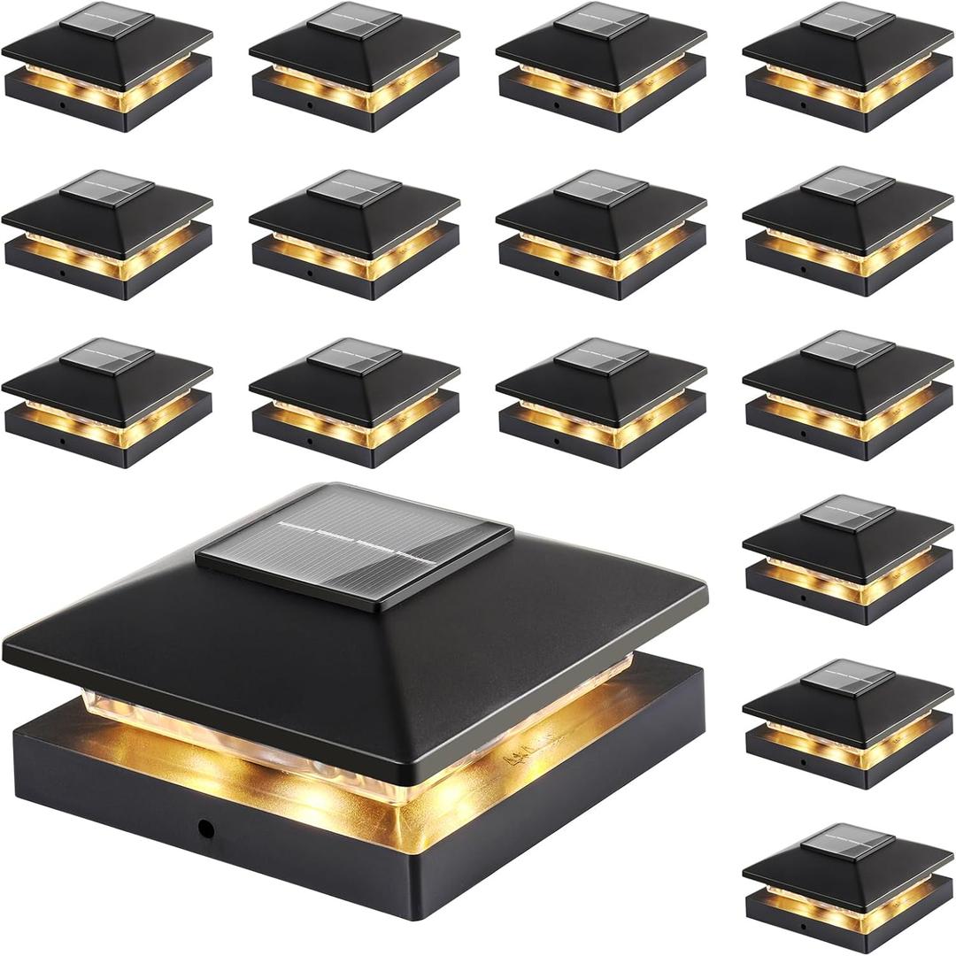 Solar Post Cap Lights Outdoor 16-Pack, Black Waterproof Solar Powered Deck Fence Lights Fit 4x4 Wood/Vinyl Posts, Bright Warm White for Patio, Porch (16pack)
