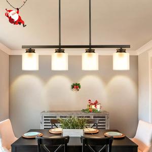 DLLT Kitchen Island Pendant Light Fixture, 4 Lights Metal Farmhouse Chandeliers, Vintage Flush Mount Ceiling Hanging Lighting with Glass Shade for Dining Room, Foyer, Restaurant, Bar, E26 Base