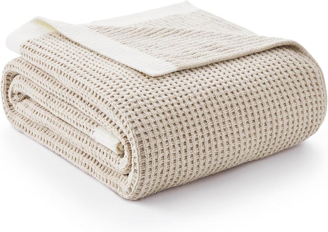Amélie Home Waffle Throw Blanket for Couch Twin, Soft Cozy Chenille Knit Blanket Warm Decorative Throw for Sofa, Bed, Living Room, 60"x80", Beige