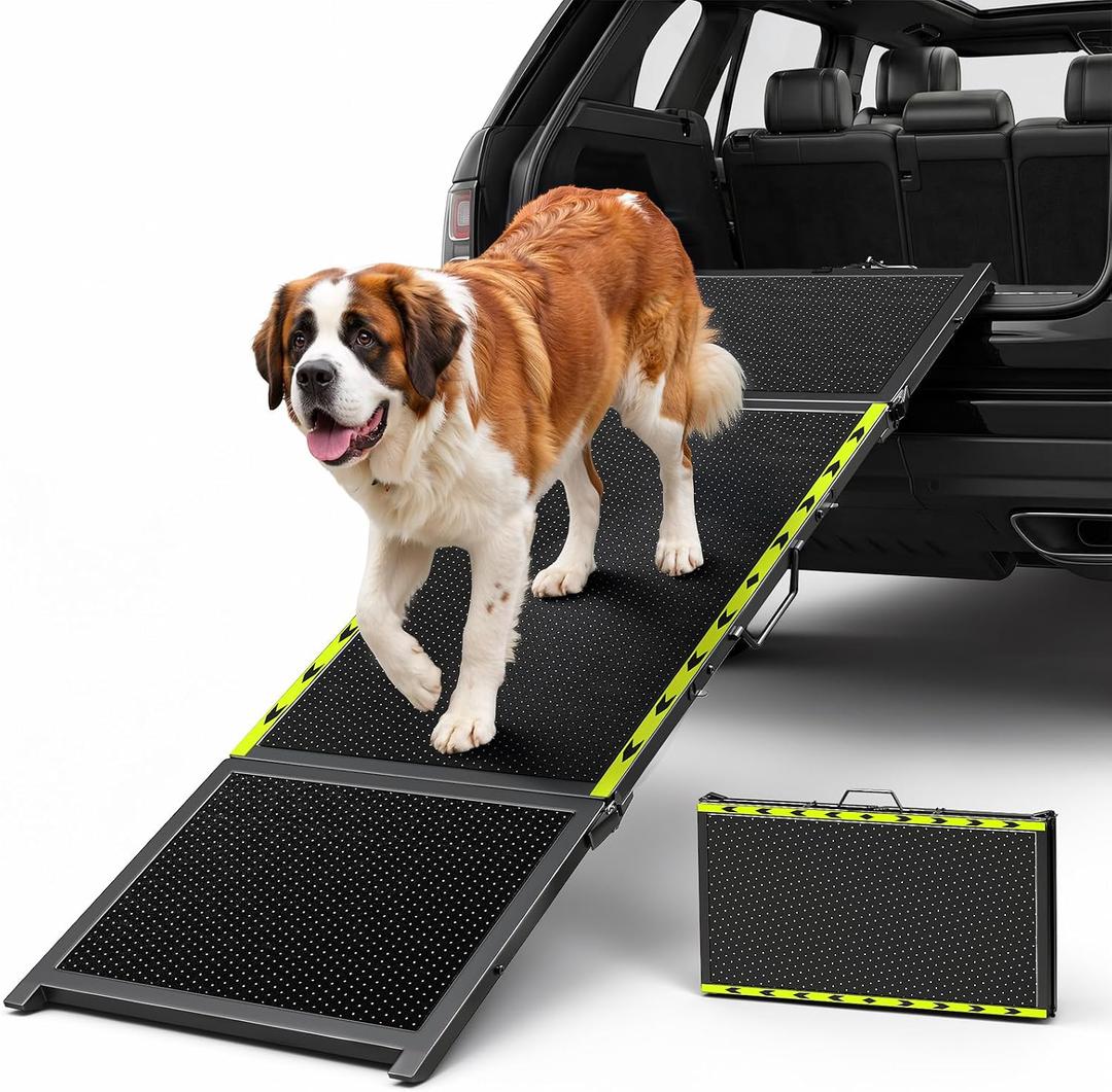 74" L x 20" W Extra Long Dog Ramp for Car - Wider Portable Pet Ramp for Large Dogs, Foldable Dog Car Ramps for Truck, SUV, RV & Bed, Outdoor Dogs Ramps with Non-Slip Mesh Supports Up to 250LBS, Black