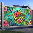 2 x Hello Summer Backdrop Banner 71 x 43 inch Flower Butterfly Hello Summer Outdoor Decorations Supplies Tropical Beach Hawaiian Party Themed Photo Booth Props