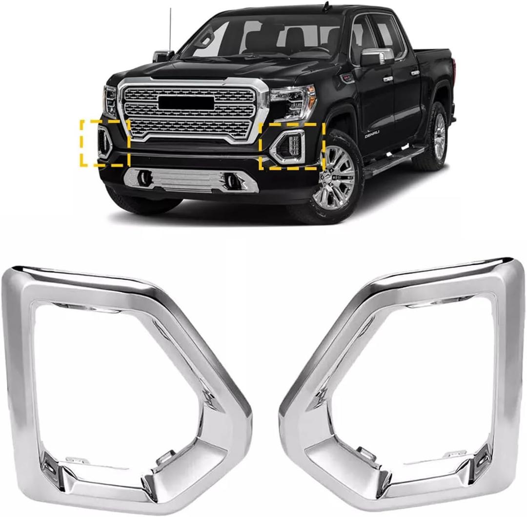 GearUp 1 Pair Front Driving Fog Light Bezel Cover for GMC Sierra 1500 4-Door Denali SLT AT4 2019-2021 Replaces 84176753 84176752 (Silver)