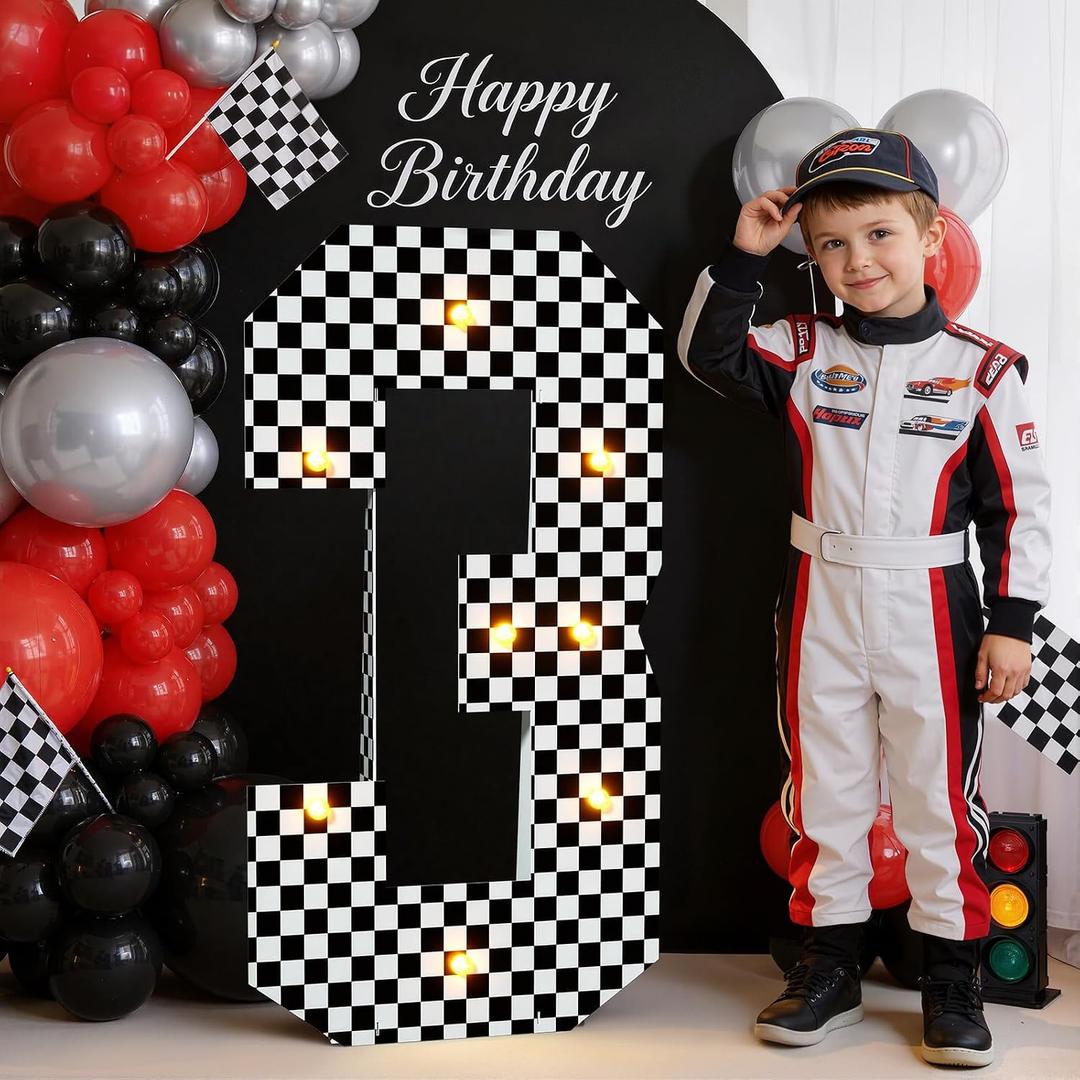 Race Car Birthday Party Decorations Racing Birthday Decorations Sports Themed Three 3rd Marquee Numbers 3 Feet Tall for Boys Large Light up Racecar Pre Cut Number 3