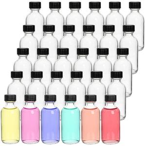 Bekith 30 Pack 2 oz Small Clear Glass Bottles, Boston Round Sample Bottles with Black Poly Cone Cap for Juice, Ginger Shots, Oils, Whiskey, Liquids