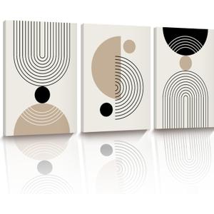 HesenDot Abstract Geometric Wall Art Set of 3, 30x40CM Minimalist Line Framed Canvas Prints, Boho Modern Neutral Beige Black Shapes Wall Decor for Living Room Bedroom Bathroom Office Home