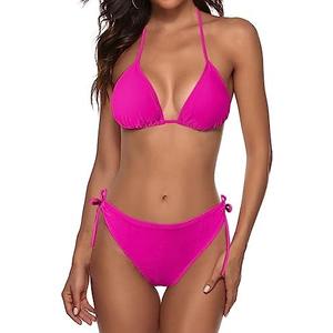 Zonsaoja Women String Bikini Set Halter Side Tie Two Piece Swimsuit Triangle Bathing Suits Rose L