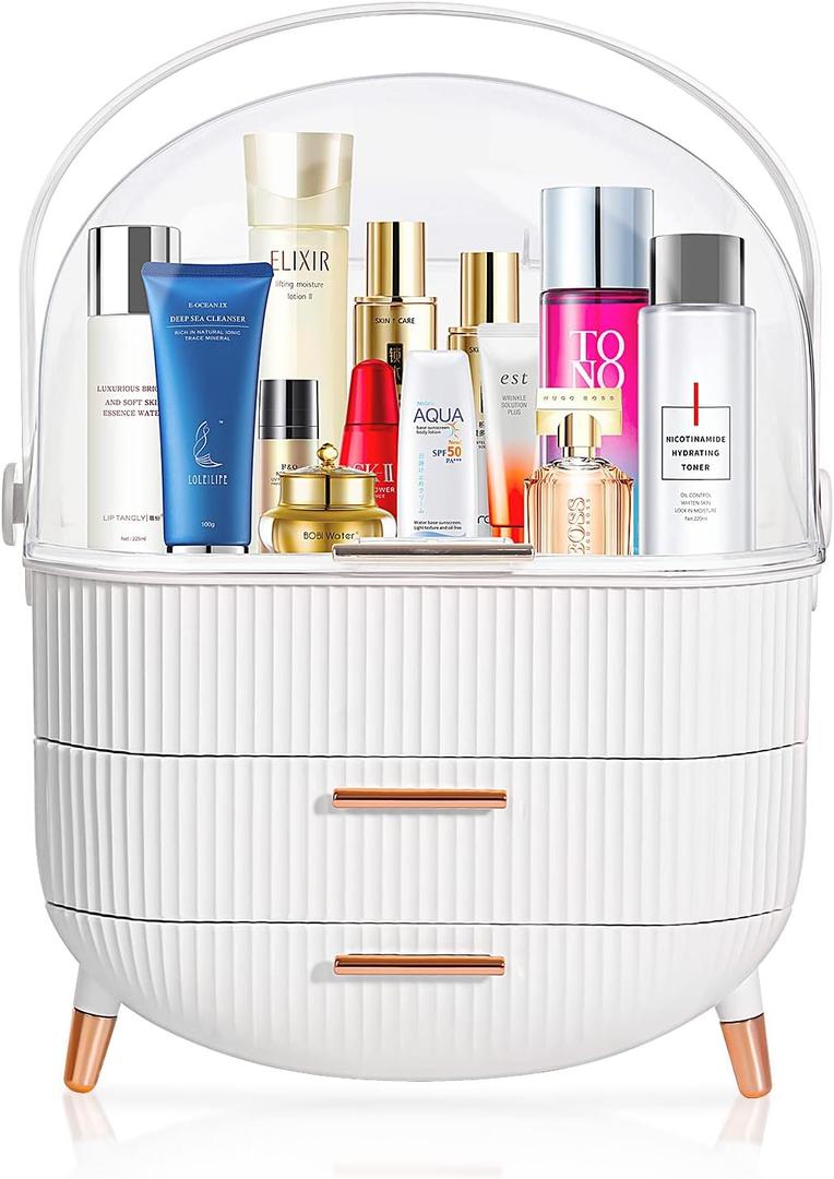 MASSY Egg Shape(Oval) Makeup Storage Box, Countertop Portable Vanity Cosmetics Organizer Preppy (FBA-White)