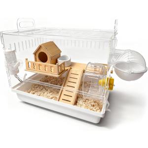 Acrylic Hamster Cage, 2-Tier Hamster Cage with Wooden Accessories for Dwarf Syrian Hamsters,14"x10"x*11" Clear Pet Mice Small Hamster Habitat Gerbils House