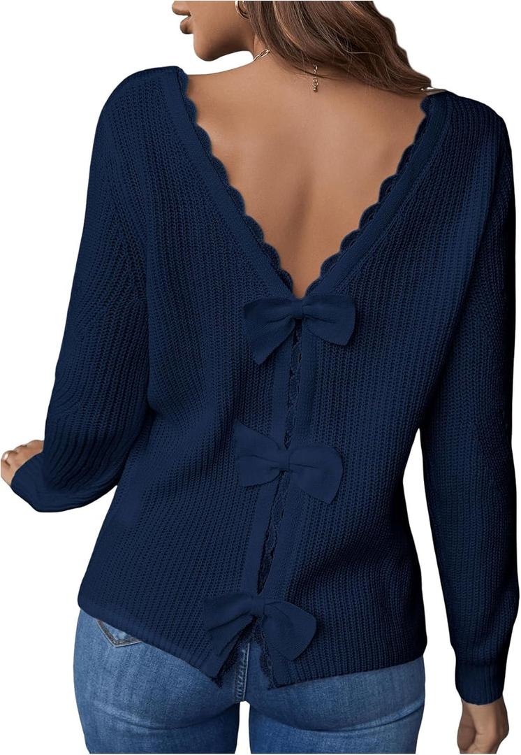 MakeMeChic Women's Bow Knot Back Sweater Long Sleeve V Neck Scallop Trim Knitted Pullovers Top Blue Large