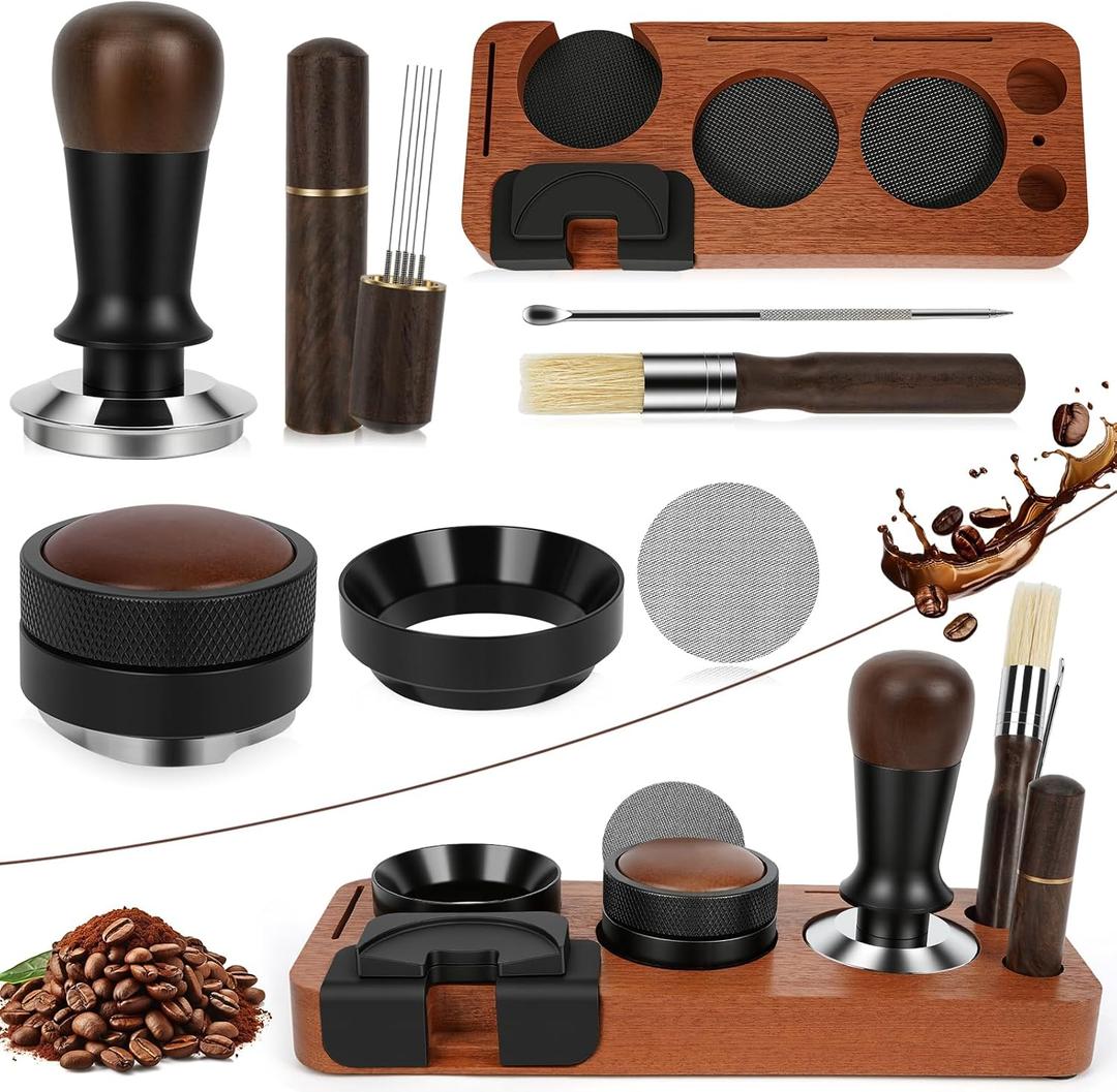 8 PCS Espresso Accessories Kit, 51mm Espresso Tamper Kit Coffee Tamper Set with Coffee Distributor, Espresso Tamping Station, Espresso WDT Stirrer, Puck Screen,Dosing Funnel