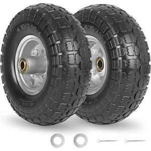 GICOOL 4.10/3.50-4" Flat Free Tire and Wheel, 10" Heavy Duty Solid Tire, 5/8" Axle Bore Hole, 2.2" Offset Hub, for Hand Truck Garden Cart Wagon Trolley Dolly, 2 Pack