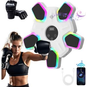 Music Boxing Machine, Intelligent Musical Punching Workout Trainer with 7 LED Color, Boxing Gloves, Smart Bluetooth, Agile Digital System and Wall-Mounted 2025 Newest Version (White-Upgrade Newly)