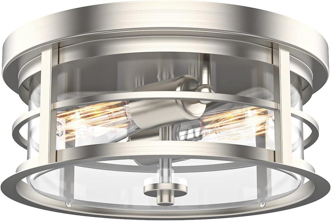 EAPUDUN Flush Mount Ceiling Light, 12inch 2Light Modern Close to Ceiling Light Fixture, Brushed Nickel Finish with Clear Glass Shade for Hallway Entryway Bedroom Porch