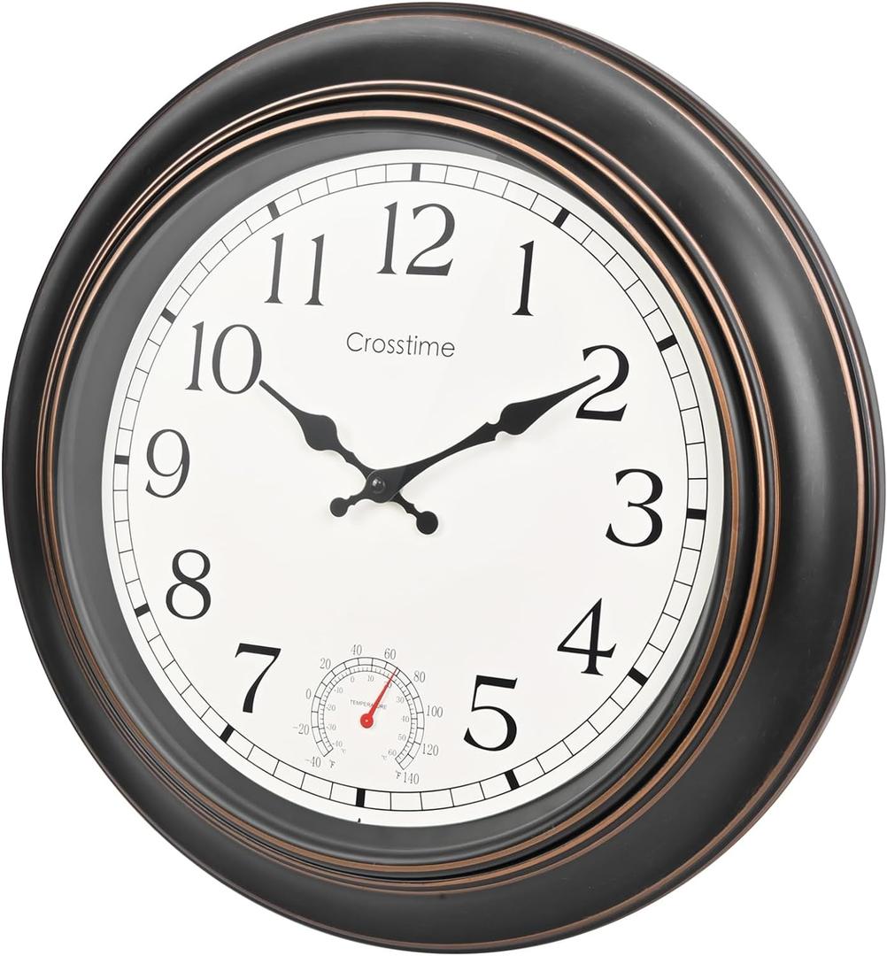 Large Outdoor Clock Waterproof 18" - Retro Indoor Outdoor Wall Clocks with Thermometer for Patio Pool Garden Living Room Decor,Bronze