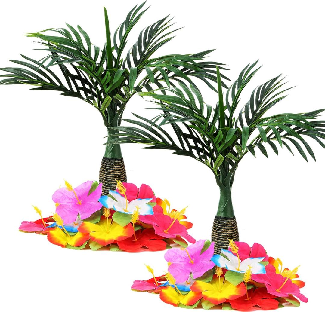 Hotop 52 Pcs Hawaiian Party Flower Centerpieces for Table Include 2 Artificial Palm Tree and 50 Hawaiian Hibiscus Flowers Tropical Faux Flowers Party Decorations Supplies for Hawaii Luau Theme Decor