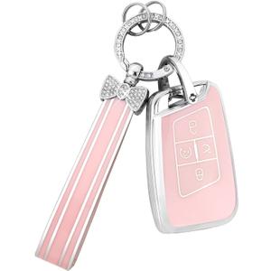 PIFOOG for Hyundai Key Fob Cover 2024 2025 Elantra Santa Fe Sonata Tucson Kona Ioniq 6 Pink 5 Button Car Keys Case Shell Accessories Bling Keychain Full Covers Protector Girly Women TPU