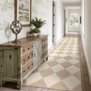 Beeiva Checkered Print Carpet Runners for Hallway 12ft, Beige Neutral Washable Long Hallway Runner Rug 2.5x12, Moroccan Gingham Diamond Carpet Ultra Thin Faux Wool Rug for Kitchen Decor