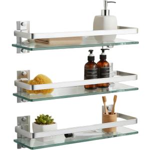 AIJALY 3 Pack Bathroom Glass Shelf,Aluminum Tempered Glass 0.3in Extra Thick Rectangular 1 Tier Storage Organizer Wall Mount,Silver 15.7in