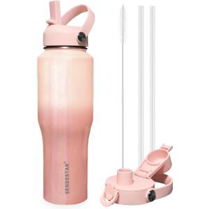 SENDESTAR 32oz Water Bottle Wide Mouth Stainless Steel Vacuum Insulated Double Wall with 2 Straw Lids Fit in Any Car Cup Holder (Laser G Pink)