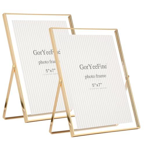 Gold 6x8''Floating Photo Frame Set of 2,For Photo Sizes (3.5x5''4x6''5x7''),Simple Metal beaded floating Picture Frames 5x7'' Gold for Tabletop/Shelf,Classy Gift Choice for Wedding,Thanksgiving