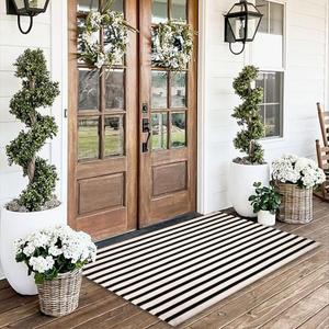Black and White Striped Rugs, 3'x5' Area Rug Washable Indoor Outdoor Rug Front Porch Doormat Cotton Hand-Woven Farmhouse Layered Double Door Mats for Front Porch, Patio, Entryway, Laundry Room