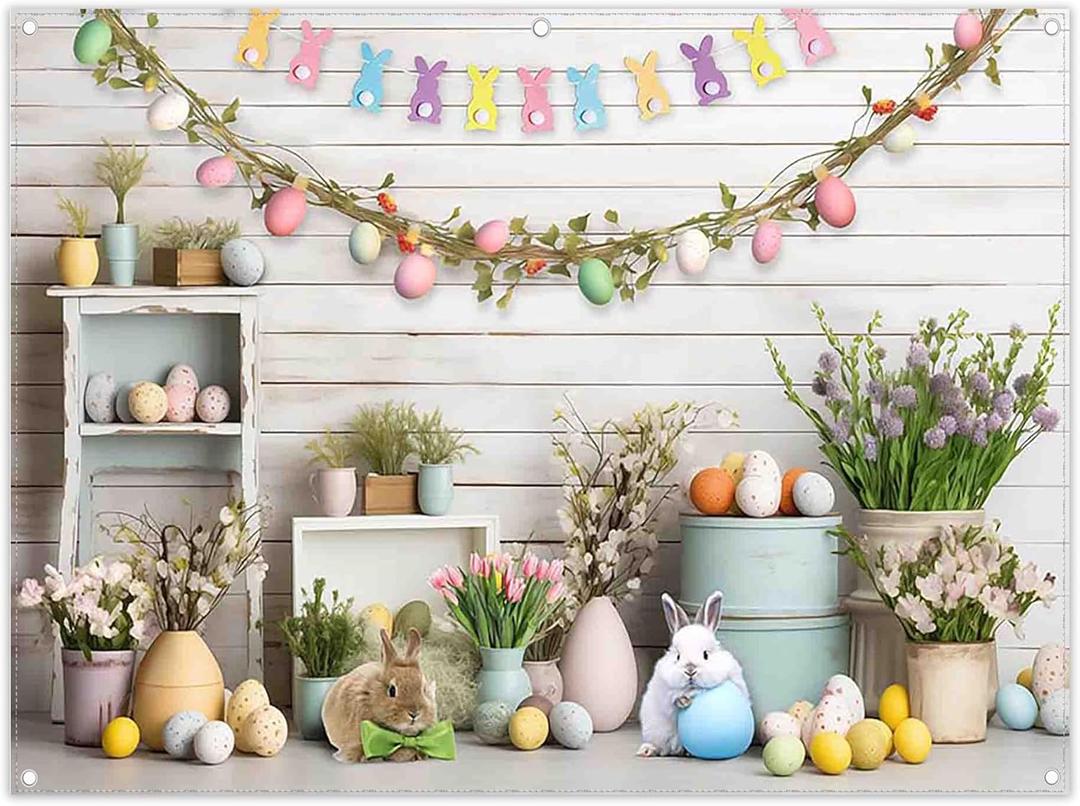 8x6ft Fabric Easter Photography Backdrop Spring Colorful Eggs Rabbit Rusitc Wooden Wall Background Floral Bunny Party Decorations Portrait Photo Banner