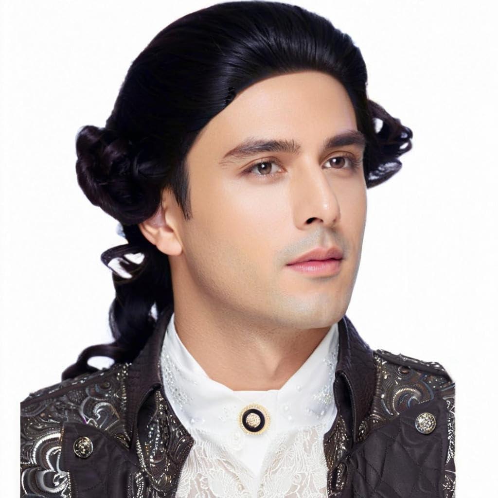 Men's 18th Century Colonial Judge Wig, Side Curls with Ponytail, Synthetic Historical Costume Wig for Halloween, Theater and Cosplay.(Black)