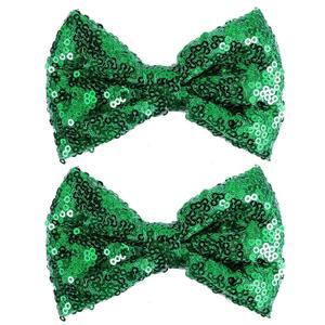 2 x 4" Glitter Sparkly Christmas Green Sequin Hair Bows Clips for Toddler Girls St Patrick's Day Easter Mardi Gras Birthday Wedding Holiday Party Dress Outfit Decor Accessory Gift